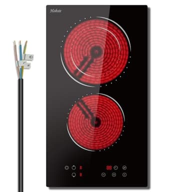 Glaskeramikkochfeld 2 Zonen, Hobsir Einbau Kochfelder 30cm, 3200W, Touch-Steuerung, Doppelte Zone, 9 Heizstufen, Sicherheitssperre, Zeitschaltuhr, Festverdrahtet, Kein Stecker