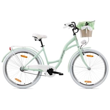 Goetze Style 26 Zoll Damen Citybike, 17 Zoll Tiefeinsteiger Rahmen, 1-Gang Rücktrittbremse, V-Bremse vorne, LED-Beleuchtung, Gepäckträger, Rattankorb, Komfortsattel, mit Ständer & Klingel
