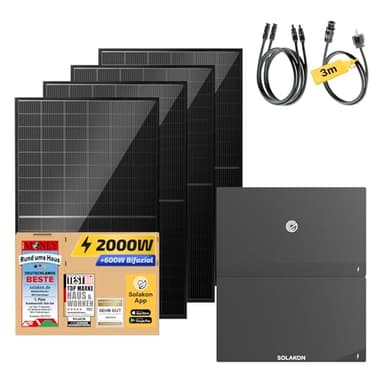 Solakon® 2000W Balkonkraftwerk mit Speicher - Balkonkraftwerk 2000W komplett Steckdose - 800W Hybrid-Wechselrichter - Solakon ONE & Erweiterungsspeicher mit 4,22 kWh - 4x 500W bifaziale Solarmodule