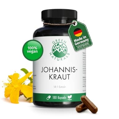 Green Naturals® Johanniskraut Kapseln - Hochdosiert: 14:1 Extrakt (=5950mg reines Johanniskraut) - 2.55mg Hypericin - 180 Stück (3 Monate)