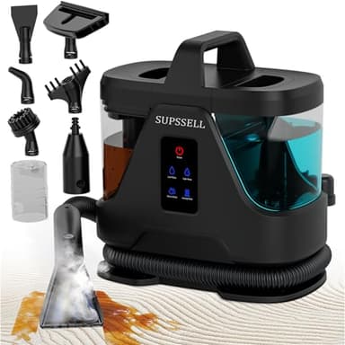 SUPSSELL Polsterreiniger Gerät, Nasssauger Waschsauger für Teppiche Dampfreiniger mit 16.000 Pa Saugkraft und 100 °C Heißdampf –Fleckenreiniger für Teppiche, Sofas, Polstermöbel, Autos–Tiefschwarz