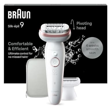 Braun Silk-épil 9 Epilierer Damen mit Schwenkbarem Kopf für Eine Einfache Haarentfernung, Wet&Dry, Langanhaltend Glatte Haut, Wasserdicht — Inkl. Rasieraufsatz und Trimmeraufsatz — 9-030, Weiß/Rosa