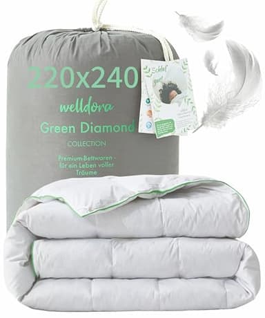 Welldora Komfort Bettdecke 220x240 Sommer | 100% Extraweiche Federn & Daunen | Fachärztlich geprüft, Oeko-Tex, Allergiker | Zertifiziert für Tierwohl | Dünne leichte Sommerdecke Daunendecke 220x240