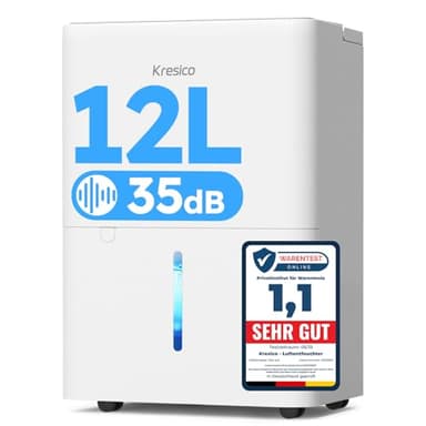 Kresico Luftentfeuchter elektrisch 12L/24h, Entfeuchter elektrisch 35dB, Raumentfeuchter für Räume ca. 122m³/25m², mit Ablaufschlauch, Timer, Filter, auto Abtauen, Kältemittel R290, 10 J. Gar.