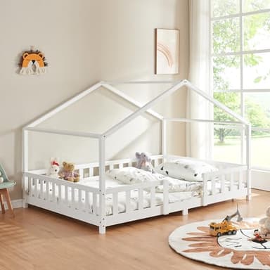 [en.casa] Kinderbett Treviolo Hausbett 120 x 200 cm Holzbett für Kinder mit Rausfallschutz Montessori Bettgestell mit Lattenrost Kiefernholz Weiß
