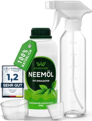 WENDOWERK® Neemöl [250ml] - Inkl. Sprühflasche und Messbecher - Neemöl mit Emulgator zur direkten Anwendung - Niemöl zur natürlichen Pflanzenpflege für Indoor und Outdoor