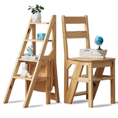 Stufenleiter,Trittleiter 4 Stufen Klapp 2-in-1 Leiter und Stuhl Tritthocker Klappbar Holztrittleiter Haushaltstritt Stehleiter Bis 180 kg Belastbar Geeignet für Küche Zuhause Bibliotheken (Holzfarbe)