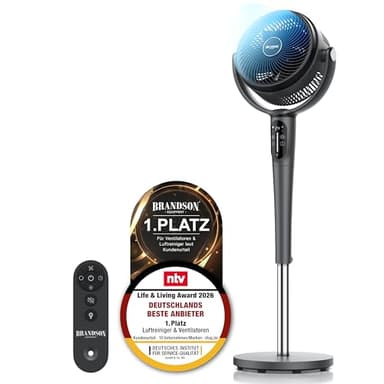 Brandson - 3D Standventilator mit ECO DC Motor – sehr leise – Preisträger 2026-60% Energieeinsparung – Ventilator mit 24 Geschwindigkeiten – horizontale und vertikale Oszillation – Fernbedienung