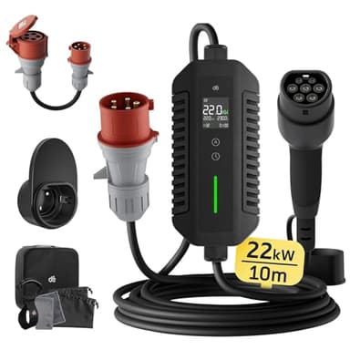 dé Mobile Wallbox/Ladestation 22kW [3-phasig|10m|6-32A] mit stromzähler, Ladekabel CEE 32A auf Typ 2 und EV Ladegerät für Model Y/3, ID.3/4/5, MG4, EX30, e-up, e-tron, Zoe und andere EV/PHEV
