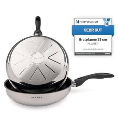 KLAMER Bratpfanne 28cm Induktion – Profi Edelstahlpfanne mit Greblon® C3+ Antihaftbeschichtung, PFOA-frei & backofenfest, für fettarmes Braten ohne Anhaften