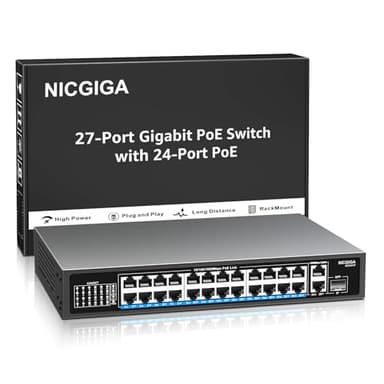 NICGIGA 24 Port Gigabit PoE Switch mit 24 Port PoE+@300W, 2 Gigabit Uplink Port, 1 SFP, Robustes Metall für Desktop/Rack-Montage, Plug and Play, Unmanaged Power Over Ethernet Switch.