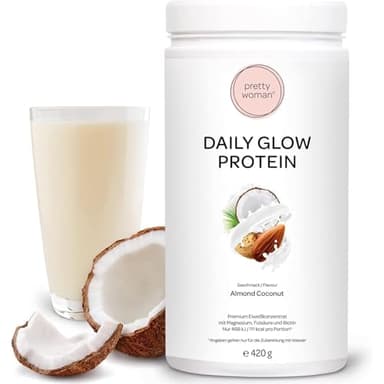 pretty woman® Daily Glow Eiweiss Protein Pulver für Frauen „Almond Coconut“ 420 g/Low Carb Shake mit Vitaminen & Mineralien, Biotin & Folsäure - nur 0,5g Zucker pro Portion