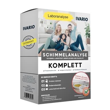IVARIO Schimmeltest Komplett, Experten-Komplettanalyse im Labor für Schimmelpilze auf Oberflächen & Wänden, zusätzliche Untersuchung der Raumluft auf Schimmelsporen, Einfache Probenahme