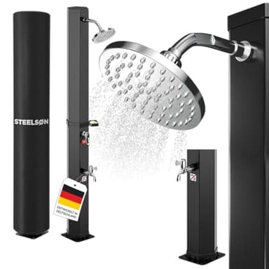 STEELSØN Xypher Solardusche 60L – Gartendusche bis 60°C – Pooldusche ohne Stromanschluss – Outdoor Camping Regendusche – Außendusche mit Gartenschlauch Anschluss – Warmwasser Dusche mit Abdeckung
