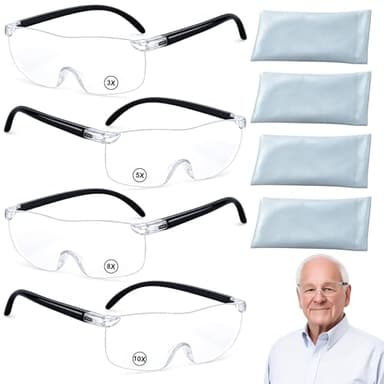 4 Stück Lupenbrille, Vergrößerungsbrille mit verschiedenen Stärken, Leselupe für Brillenträger, 300%, 500%, 800%, 1000% Vergrößerung, inklusive 4 blauen Brillentasche