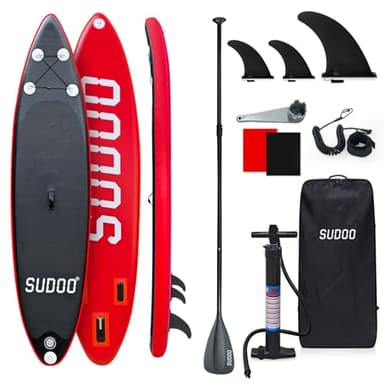Stand Up Paddling Board Aufblasbares SUP Board für 2+1 Personen/Familien, Surfboard für Erwachsene, Tragkraft bis 150KG, Stand-Up Paddle, Komplettes Zubehör mit Paddel, Pumpe, Rucksack(06 Black Red)