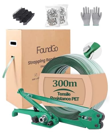 FoundGo Manuelle Umreifungsgerät [12-19mm] Umreifungsset mit 300m PET Umreifungsband von 680kg Zugfestigkeit für Verpackung inkl. Spanner Verschließer 300 Metallschnalle 100 Eckschutz Handschuhe