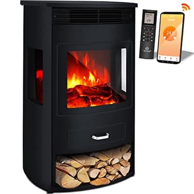 KESSER® Prio Elektrokamin mit Heizung Heizlüfter Fernbedienung WiFi App 950/1900 W Kamin elektrisch LED-Flammeneffekt Kaminfeuer mit Thermostat Panorama-Sichtfenster Heizfunktion Timer
