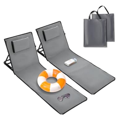 Ikodm Strandmatte faltbar,strandmatten gepolstert,Strandliege mit Handtasche,Staufächern,eingebautes Kissen mit 5-Gang-Einstellung, verschleißfestes Gewebe(158cm,dunkelgrau,Zwei)