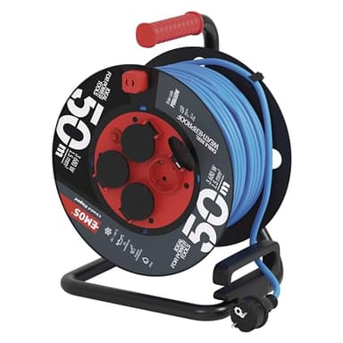 EMOS ganzjährige Outdoor-Kabeltrommel 50m, blaues 1,5 mm2 Verlängerungskabel, 4 Schuko Steckdosen mit Klappdeckeln, IP44 wasserdicht und frostbeständig für Außenbereich, Industrie, Baustelle