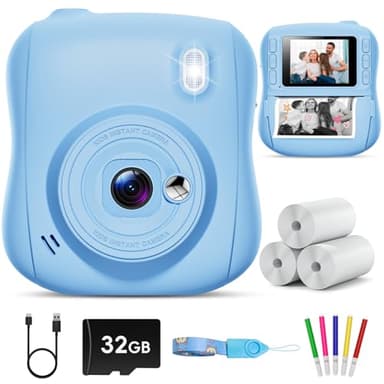 Hangrui Kinderkamera Sofortbildkamera, 14MP Sofortbildkamera Kinder mit 32G Karte & Druckpapier, 1080P Kamera Kinder Sofortdruck mit Farbige Stifte, Geschenk für 3-12 Jungen und Mädchen-Blau