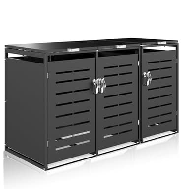 Mülltonnenbox 3er für 240L, Verzinkter Stahl Mülltonnenverkleidung, Witterungsbeständige Müllbox mit Gasdruckfedern & Mülltrennungs-Aufkleber, Anthrazit (Lieferung in 3 Paketen)