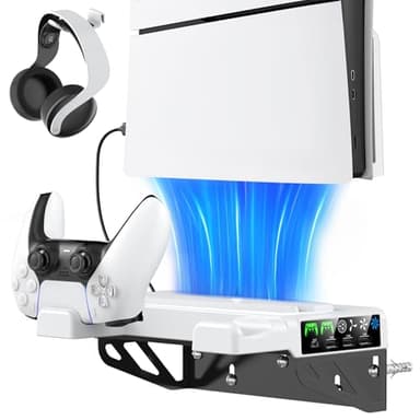 Tokluck PS5/PS5 Slim/PS5 Pro Wandhalterung mit 3 stufig Lüfter und PS5 Controller Ladestation, PS5 Halterung Wand mit Headset Halter/PS5 Lüfter, PS5/Slim/Pro Ständer für PlayStation 5 Zubehör