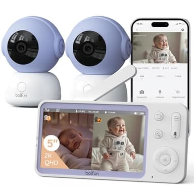 Boifun Babyphone mit 2 Kameras & 2K/3MP App-Steuerung, Split-Screen-Ansicht, 5" Video Babyfone WLAN, PTZ 360 Grad, Weinen/Bewegungs/Geräuscherkennung, Intelligente Nachtsicht, Automatische Verfolgung