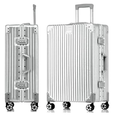 Aoliwei Aluminiumrahmen Koffer XXL (77cm) – Robuster 100% PC Hartschalen-Trolley in Metall-Optik, 90L Extra Großer Reisekoffer für Check-in, TSA-Schloss, 4 leise 360° Doppelrollen, Silber