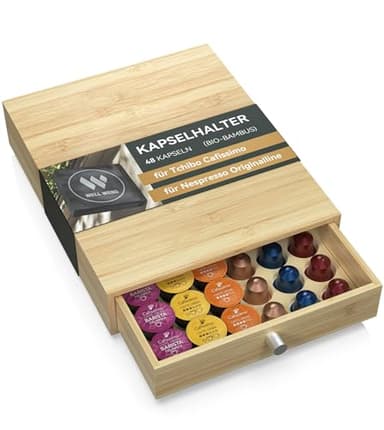 WELL WENG Schubladen für Nespresso Originalline,für Tchibo Cafissimo Kaffeekapseln,Schubladenbox zur Aufbewahrung für Lavazza Kapseln,Organizer für 48 Kapseln,Bambus