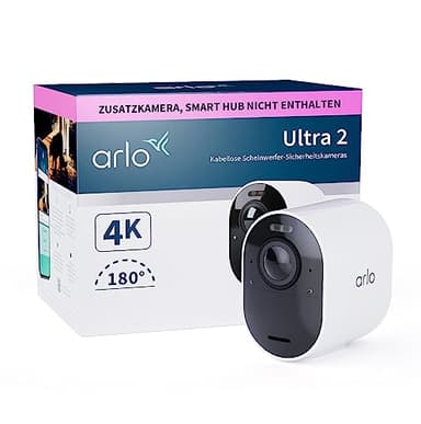 Arlo Ultra 2 Überwachungskamera Aussen WLAN, Kabellos, 4K UHD Qualitätsprodukt, 180° Sichtfeld, Spotlight, Farb-Nachtsicht, Bewegungsmelder, Alarm Sirene, Zusatzkamera mit Akku, SmartHub Benötigt