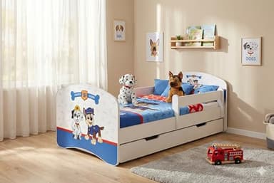 Happy Babies Happy - Kinderbett 180 x 90 | Bett mit Rausfallschutz & Bettkasten | Jugendbett mit farbigem Aufkleber | Kinderbett mit Matratze 90x180 | Kinder-Bett für Mädchen & Jungen WIESS