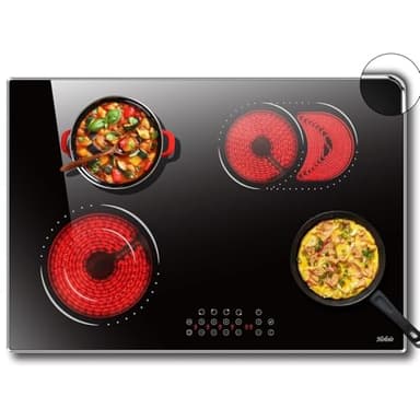 Glaskeramikkochfeld 4 Platten Kochfeld Autark 77 cm Glaskeramikkochfeld, Sensor-touch Control, 6600W, Doppelzone, Ovale Zone, 9 Leistungsstufe, Kindersicherung, Timer, Verkabelt, Kein Stecker