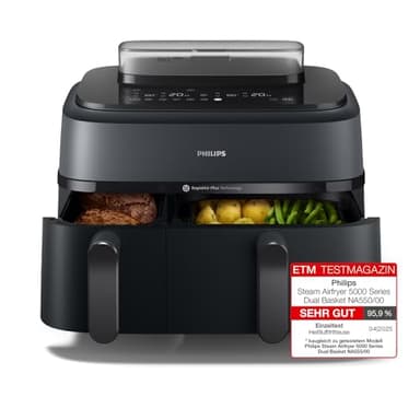 Philips Steam Airfryer Dual Basket 5000 Series, Heißluftfritteuse & Dampfgarer in einem Gerät, 9L 2 Körbe, RapidAir Plus Technologie, 19 Kochfunktionen, 90% weniger Fett, Dampfreinigung (NA550/00)
