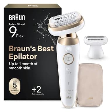 Braun Silk-épil 9 Flex Epilierer Damen mit Flexiblem 360°-Kopf, Wet&Dry, Langanhaltend Glatte Haut, Ladyshaver, Rasieraufsatz und Trimmeraufsatz, Made in Germany, 9-041 3D, Weiß/Gold