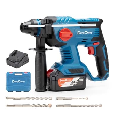 DongCheng Akku Bohrhammer 18V, Schlagenergie 2.1 J, mit 4 Stück SDS-plus, Bohren bis 28 mm, Bürstenloser Bohrhammer Motor, Anti-Vibrationsgriff, inkl. 4Ah Akku und 2A Ladegerät im Handwerkerkoffer
