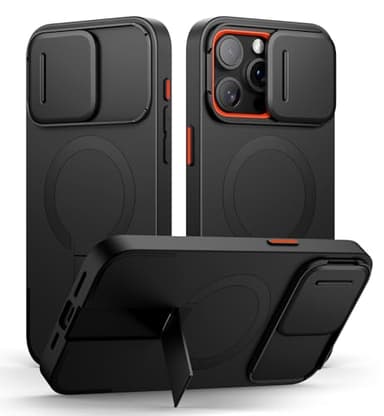 SURITCH Magnetisch hülle Kompatibel mit iPhone 15 pro max, Stoßfest Handyhülle Kratzfest Schutzhülle mit Kameraabdeckung schieben und verstellbarem Kickstand(schwarz)