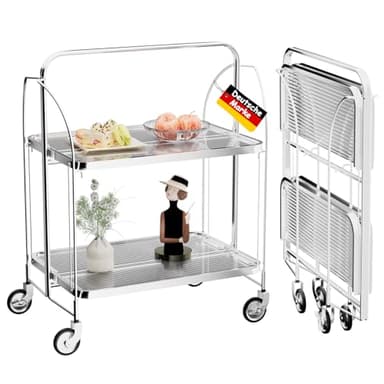 Servierwagen mit Rollen, Servierwagen Klappbar, Dinett 2 Tier Ablagekorb aus Temperglas with Wheels, für Küche, Barwagen, Rollwagen Metall, Teewagen, Weinwagen, moderner Getränkewagen
