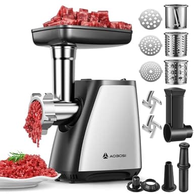 AAOBOSI Fleischwolf, 4-in-1 Elektrischer Fleischwolf [2800 W max] mit 3 Scheiben, Schneidklingen, 2 Klingen, 3 Platten, Wurstfüller, Kubbe-Kit, für den Hausgebrauch, Edelstahl