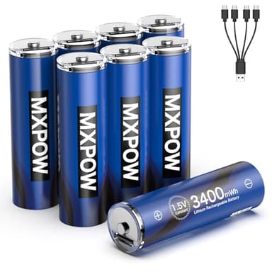 MXPOW Wiederaufladbare Batterien AA Lithium USB-C 1,5V 3400mWh Lithium Akku AA, 8 Stück Schnellladung in USB Batterie mit 4 in 1 Ladekabel 1500 Zyklen