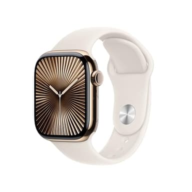 Apple Watch Series 10 (GPS + Cellular 42 mm) Smartwatch mit Titangehäuse in Gold und Sportarmband in Polarstern (S/M). Fitnesstracker, EKG App, Always-On Retina Display, Wasserschutz