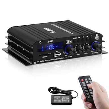 HiFi Verstärker mit Bluetooth, S-299 4.1-Kanal RMS 40Wx4+50W Max. 800W Bluetooth5.0 Mini Audio Verstärkers Subwoofer Verstärker mit USB SD Slot, AUX, UKW-Radio DC 12V/5A für Heimlautsprecher