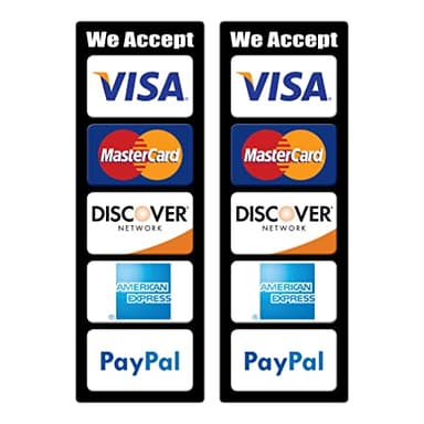 (2 Stück) (22,2 x 7,6 cm) We Accept Visa MasterCard Discover AE AmEx PayPal Kreditkarten Logo Schilder Aufkleber Aufkleber für Geschäfte Kassierer Zähler POS Fenster Tür Wand Wetterfest Premium