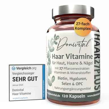 Haar-Vitamine Testnote SEHR GUT - 27 Wirkstoffe - Hochdosiert Biotin Zink Selen zum Erhalt normaler Haare. Hyaluron Hirseextrakt alle B-Vitamine. 120 Kapseln für Frauen, Männer & Bart - Vegan