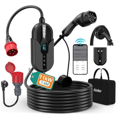 AIMILER Wallbox 11kW mit App, 400V (8-16A) 3 phasig 7,6M Mobile Ladestation CEE Typ 2 Ladekabel IP66 OLED EV Ladegerät Portabel/Wandmontage für Model Y/3, ID.3/4/5, MG4,Zoe und andere PHEV/EV