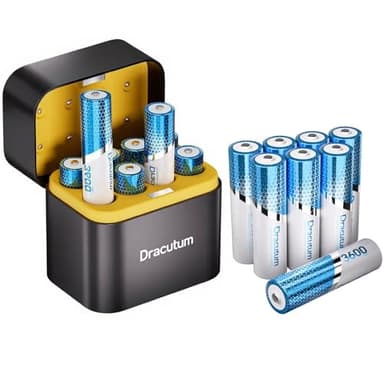 Dracutum Wiederaufladbare Lithium Akkus AA 16Pack mit Ladegerät, 3600mWh Hohe Kapazität 1.5V AA Batterien, Lang anhaltende wiederaufladbare AA Li-ion Batterie mit Integrierter Charing Aufbewahrungsbox