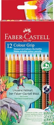 Faber-Castell 112412 Colour Grip Buntstifte für Kinder, 12er-Buntstifte-Set, Malstifte mit Grip und dreieckigem Schaft, wasserlöslichen Pigmenten, leicht auswaschbar und bruchsicher, Schulsachen