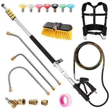 GEARMONSTER Teleskop-Hochdruckreinigerlanze, 7,3 m Teleskop Hochdruckreiniger Zauberstab, Teleskop-Sprühstab mit Verlängerungsstangen, Bürstenkopf, Schwenkkupplung, 7 Düsen, Stützgurt, für Dachrinnen