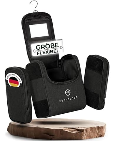 5in1 Kulturbeutel zum Aufhängen 7L [ANPASSBAR] Schwarz mit Spiegel | Kosmetiktasche mit Griff, Kulturtasche Damen Gross, Kulturbeutel Herren groß, Schminktasche, Waschtasche, Toiletry bag, Beauty Case