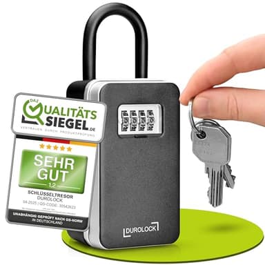 DUROLOCK Schlüsselkasten mit Zahlencode und Bügel aussen (wetterfest) - XXL Schlüsselbox mit Code für draußen - Schlüsselsafe mit Code - Schlüsseltresor mit Zahlencode für AirBnB, Büro & Familie